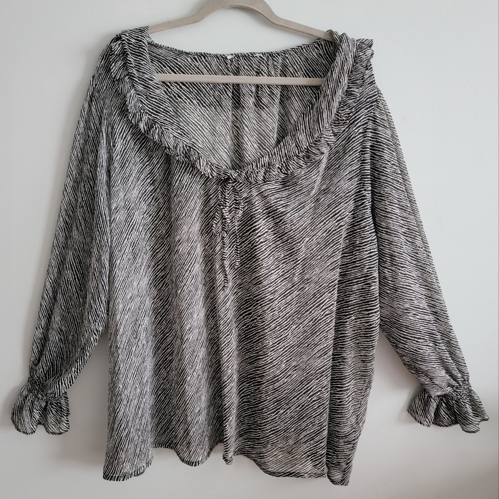 Ruffle Collared Deep V Long Sleeve Blouse Plus Size